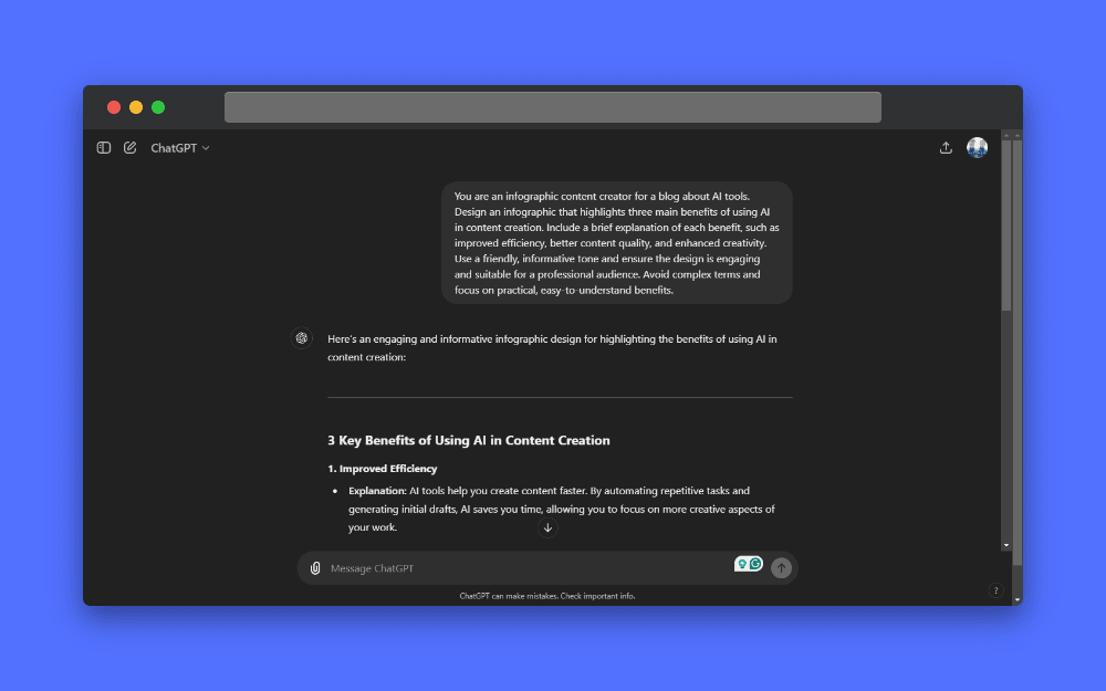 Screenshot of ChatGPT showing a refined prompt for creating an infographic about the benefits of AI in content creation, illustrating the process of moving from a generic prompt to a detailed, specific request.