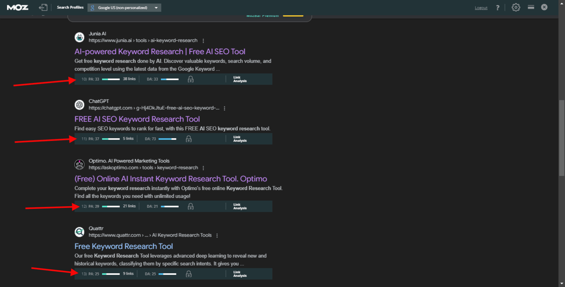 MozBar interface within search results, showing domain authority and link metrics for AI-powered keyword research tools.