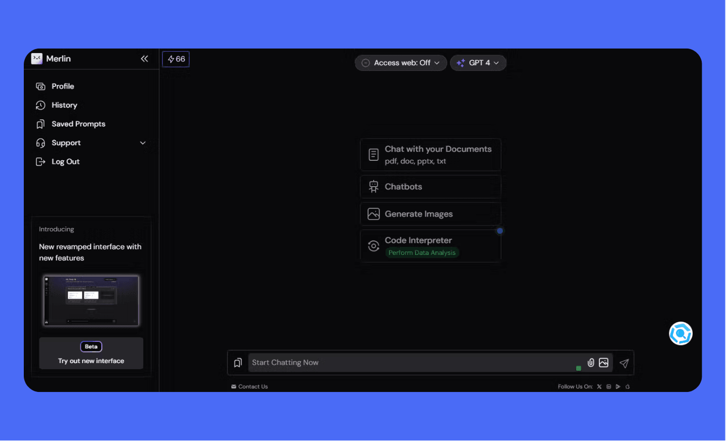 Merlin AI dashboard showcasing key features: Chat with Documents, Chatbots, Image Generation, Code Interpreter, and Data Analysis. Access to GPT-4 and 20+ AI models