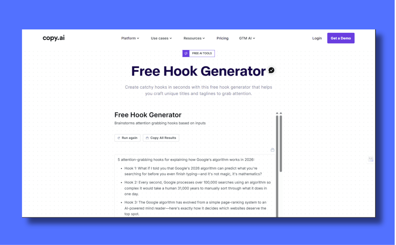 A screenshot of the Copy.ai Free Hook Generator interface. The results pane shows three distinct, attention-grabbing hooks for an article explaining how Google's algorithm works in 2026. The hooks use psychological triggers, such as comparing the algorithm to magic and using large numbers to illustrate data processing speed, demonstrating the tool's ability to brainstorm unique taglines.