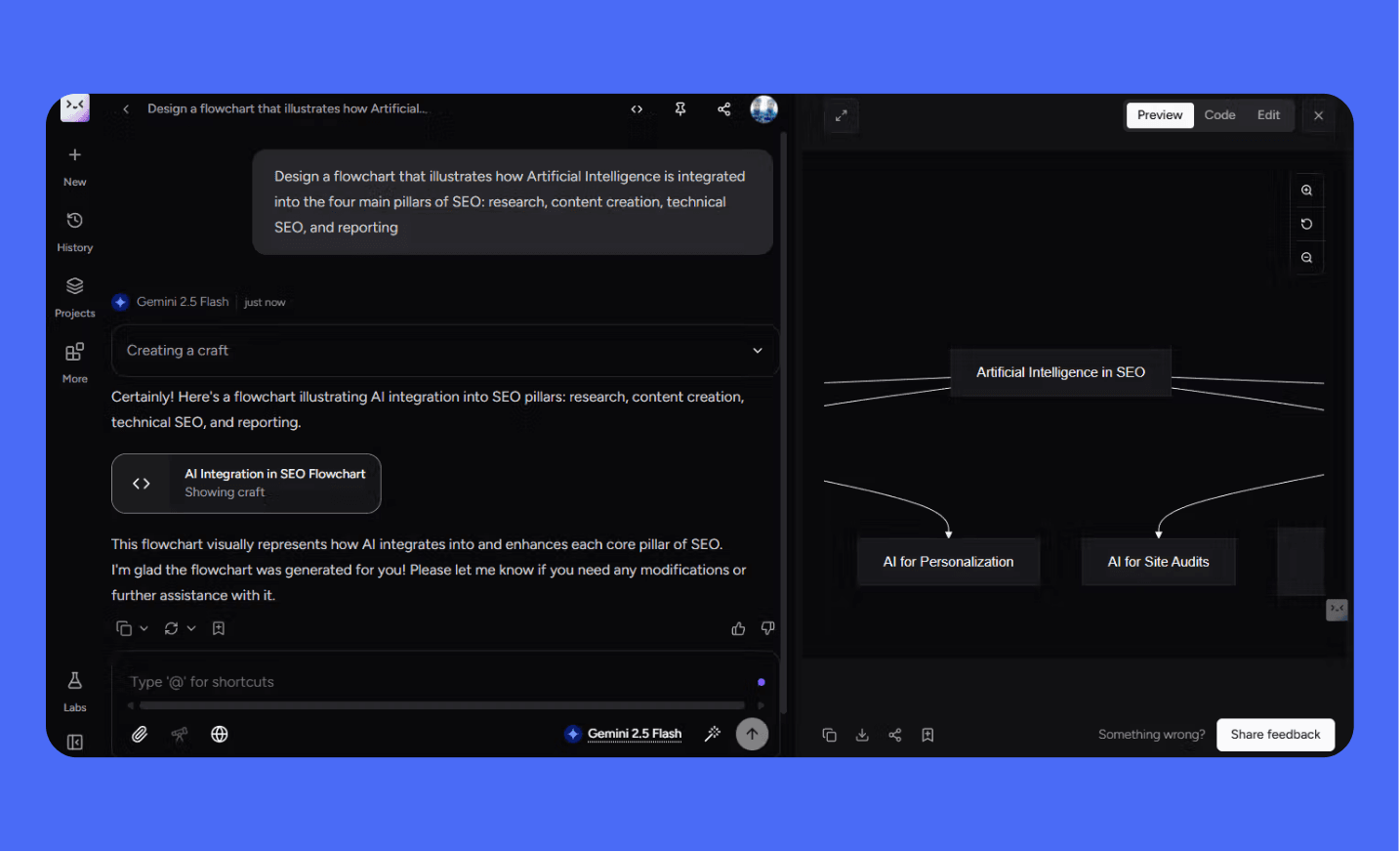Screenshot of the Merlin AI Web App showing a user prompt asking to "Design a flowchart that illustrates how Artificial Intelligence is integrated into the four main pillars of SEO". The output pane displays the generated flowchart titled "AI integration in SEO Flowchart," demonstrating the visual content generation feature.