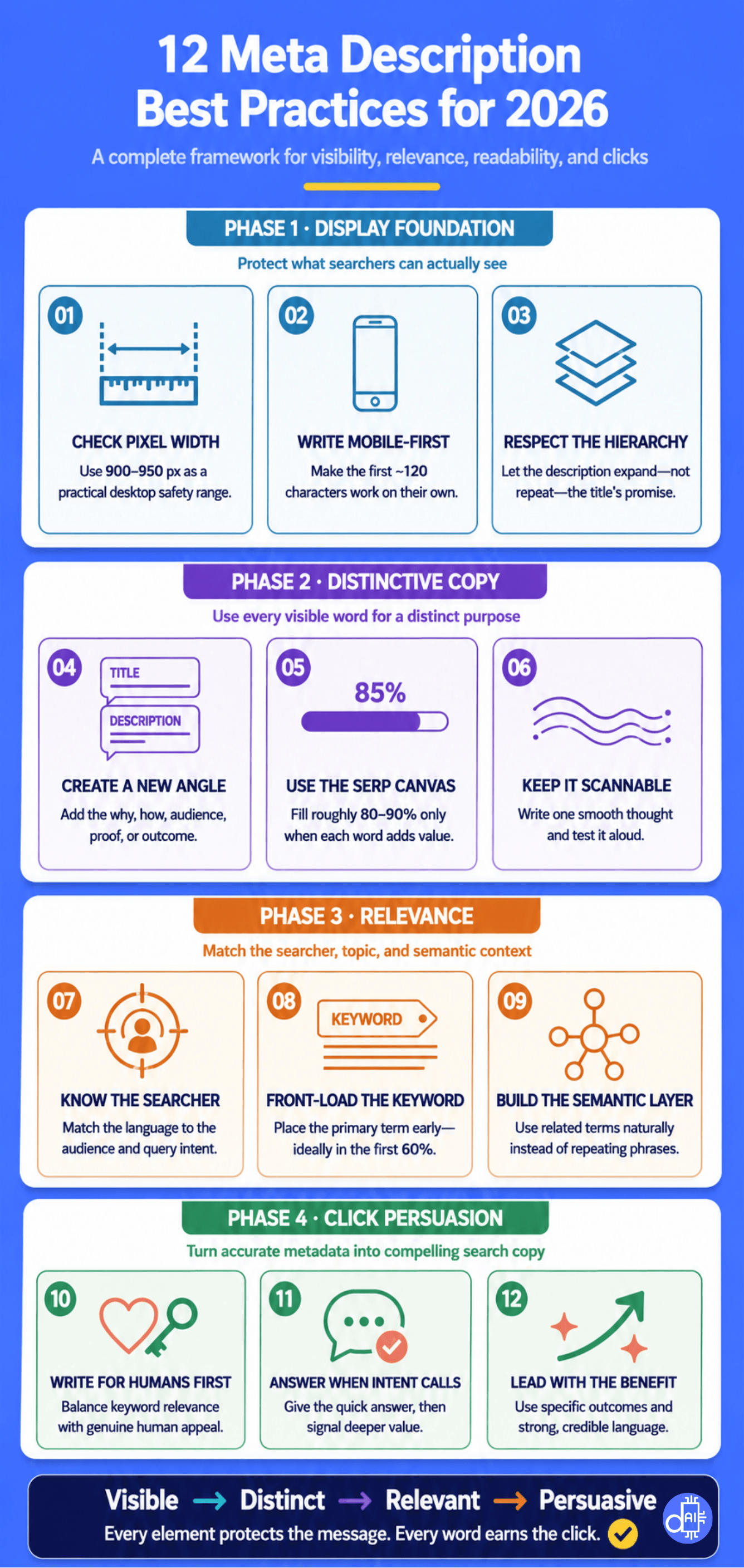 An infographic titled "12 Meta Description Best Practices for 2026" organized into four phases: Display Foundation, Distinctive Copy, Relevance, and Click Persuasion.
