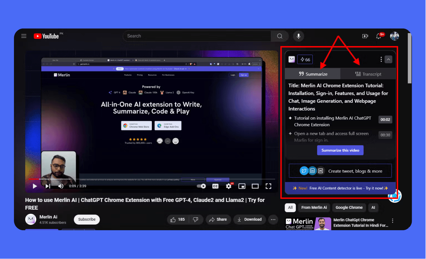 Screenshot of a YouTube video with the Merlin AI summarization and transcription options highlighted in the video's sidebar. Features include 'Summarize' and 'Transcript' buttons for quick access to video content.