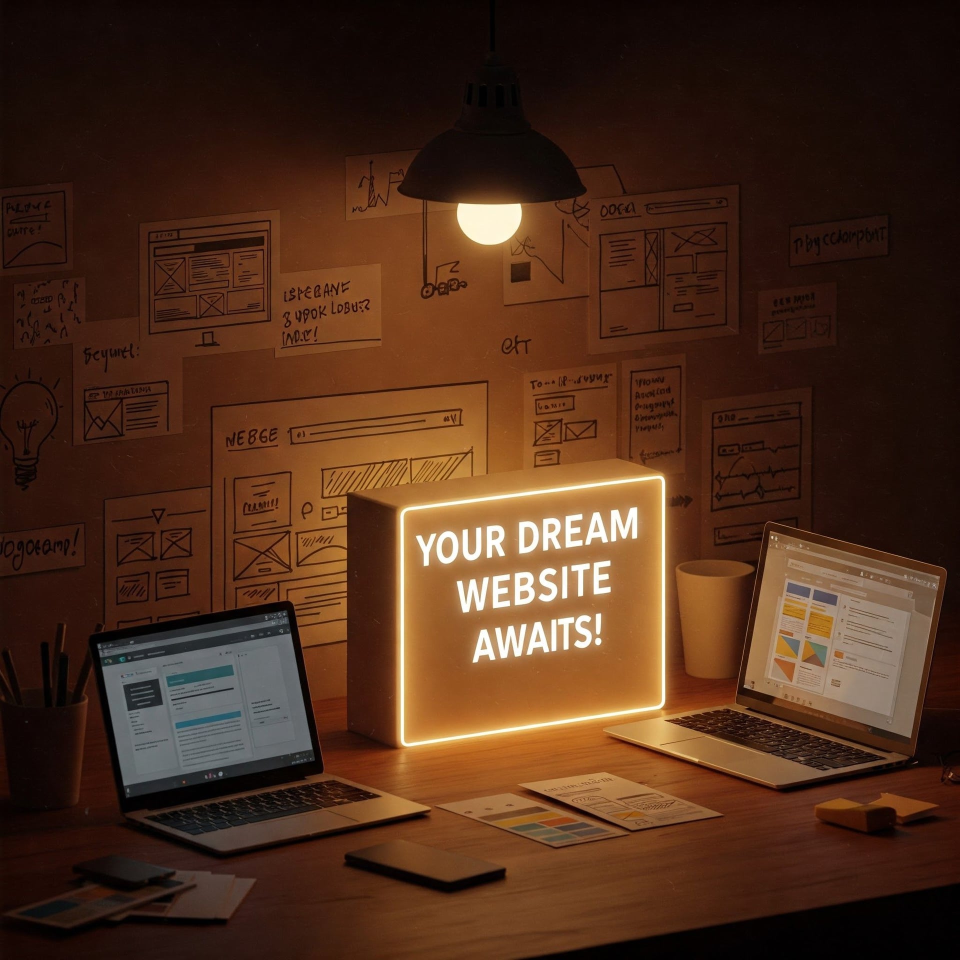 A dimly lit workspace with two laptops displaying website interfaces, a glowing lightbox sign that reads 'YOUR DREAM WEBSITE AWAITS!', sketches and notes on the wall, symbolizing the process of website creation.