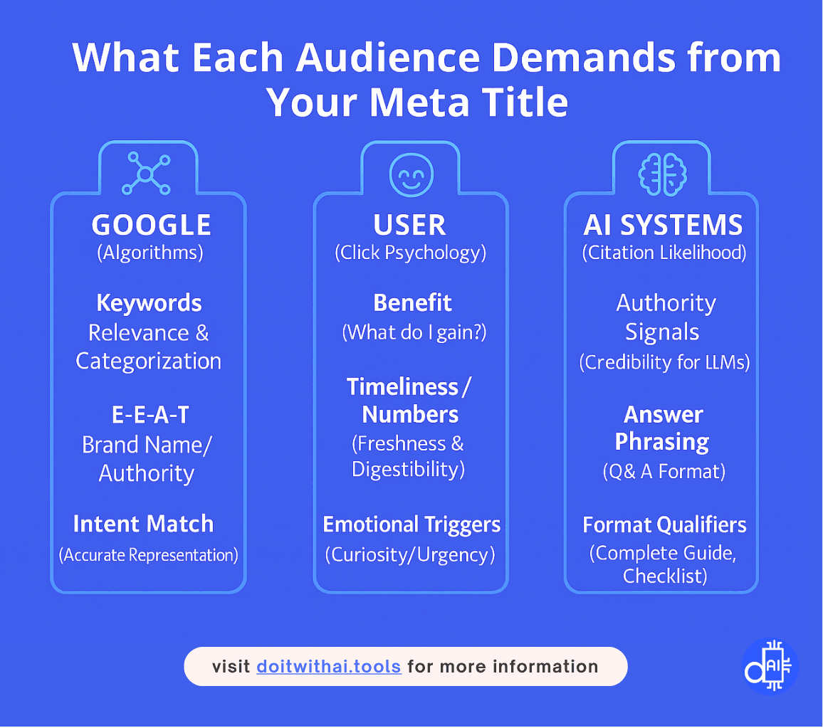 Infographic titled 'What Each Audience Demands from Your Meta Title,' showing three columns: Google Algorithms demands Keywords, E-E-A-T, and Intent Match; Human Users demand Benefit, Timeliness/Numbers, and Emotional Triggers; and AI Systems demand Authority Signals, Answer Phrasing, and Format Qualifiers for citation likelihood.