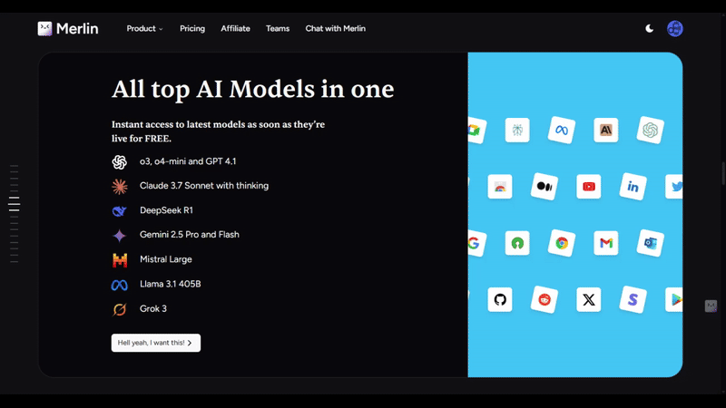 Animated screenshot of the Merlin AI tool's landing page, highlighting its offer of 'All top AI Models in one,' listing models like GPT-4, Claude 3.5 Sonnet, Gemini 2.5 Pro, and Mistral Large.