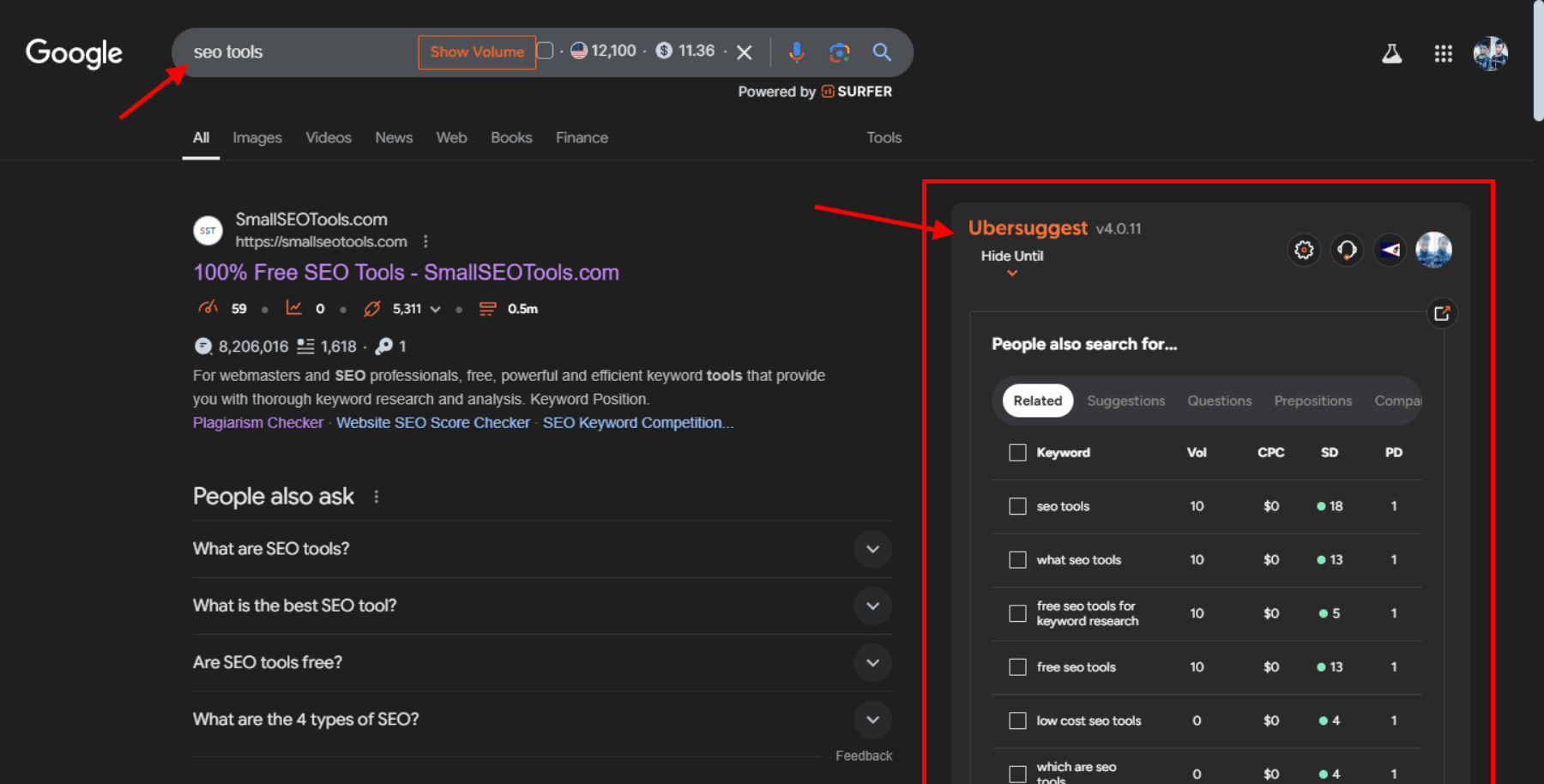 Google search results with Ubersuggest extension overlay, displaying search volume, CPC, and SEO difficulty for keywords.