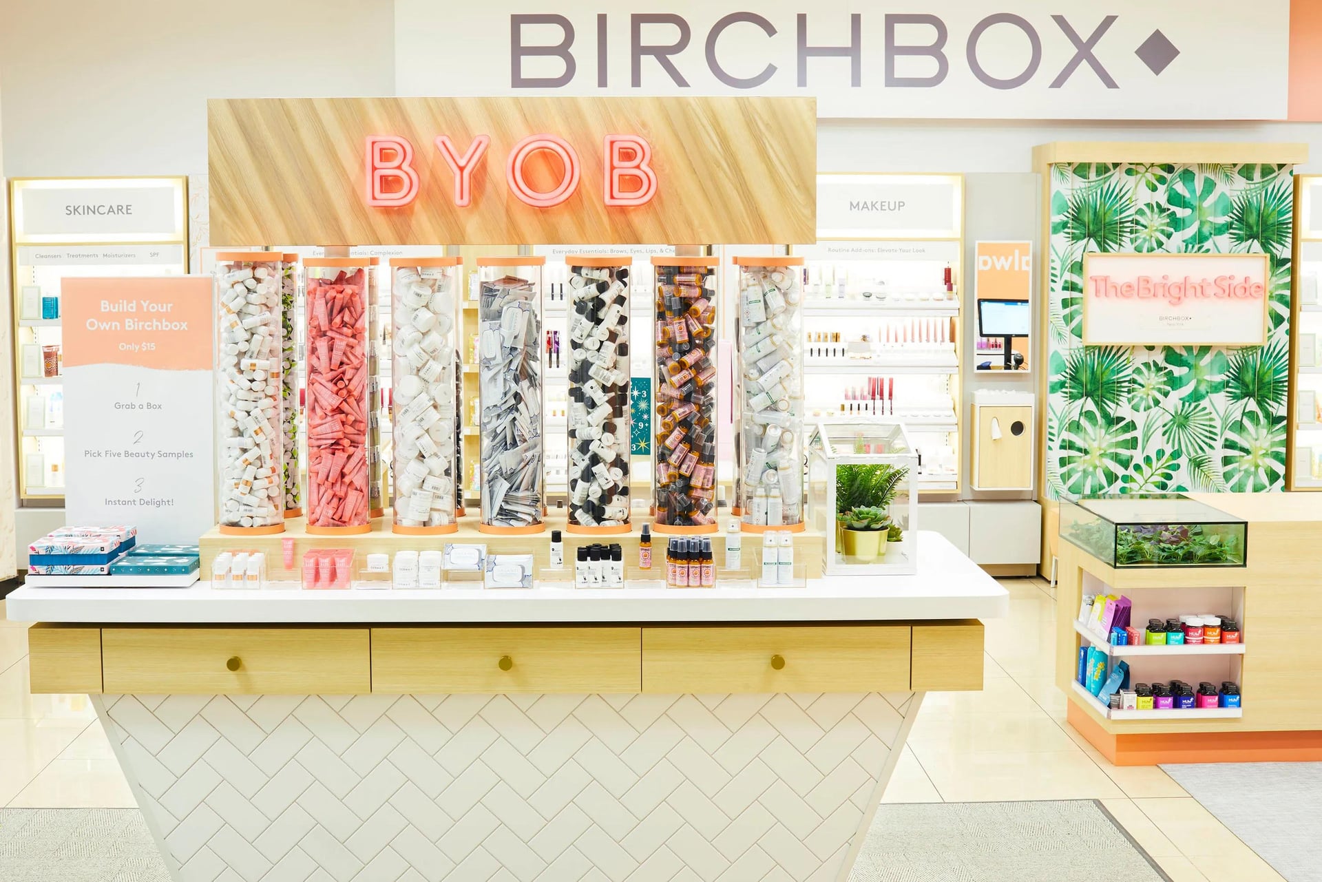 Birchbox storefront showcasing customizable "Build Your Own Birchbox" displays with various beauty product samples.