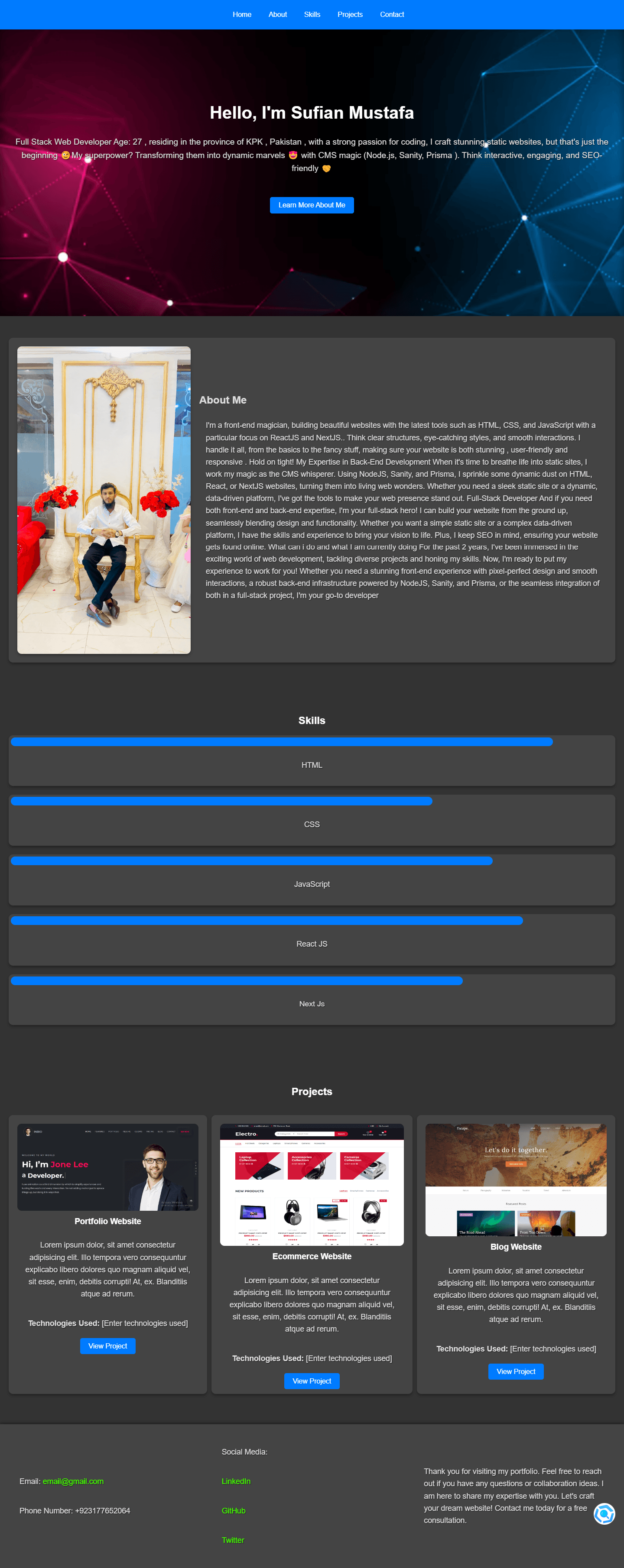 screenshots of the portfolio website created using the prompt provided