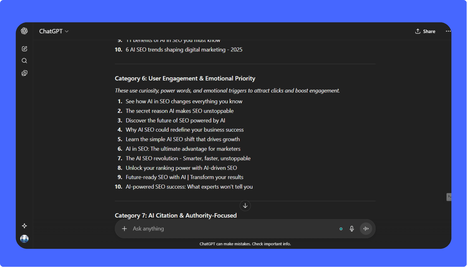 Screenshot of a ChatGPT output showing a list of 10 suggested meta titles under the heading 'Category 6: User Engagement & Emotional Priority.' Examples include 'See how AI in SEO changes everything you know' and 'Unlock your ranking power with AI-driven SEO,' demonstrating how AI can categorize and generate titles based on strategic intent.