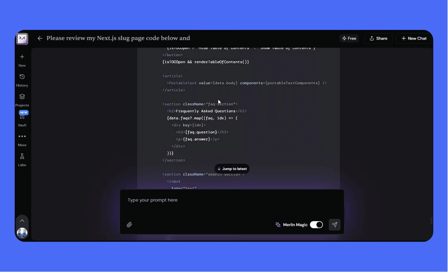Screenshot of the Merlin AI chat interface demonstrating code generation or debugging. The image shows a prompt related to coding, highlighting the tool's ability to fix bugs, generate scripts, and leverage multiple AI models for high-accuracy programming tasks.