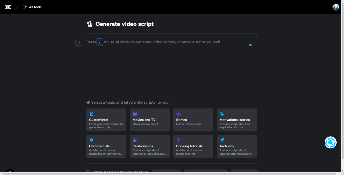 Screenshot of the CapCut interface, specifically the 'Generate video script' section, showing various topic options for script creation.