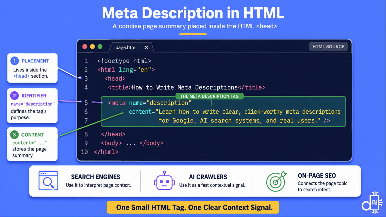 A technical HTML code visual titled "Meta Description in HTML" highlighting the meta tag placement in the head section, breaking down the name identifier, content attribute, and its role for search crawlers.