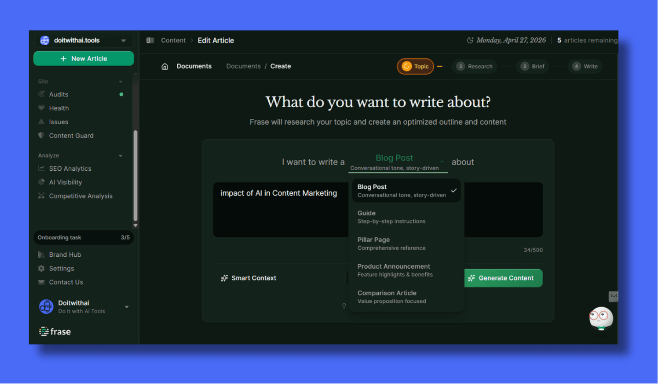 A screenshot of the Frase AI editor interface showing a document creation workflow. The user is setting up a "Blog Post" about the "impact of AI in Content Marketing" with a conversational, story-driven tone. The dropdown menu displays various content templates including Guide, Pillar Page, Product Announcement, and Comparison Article.