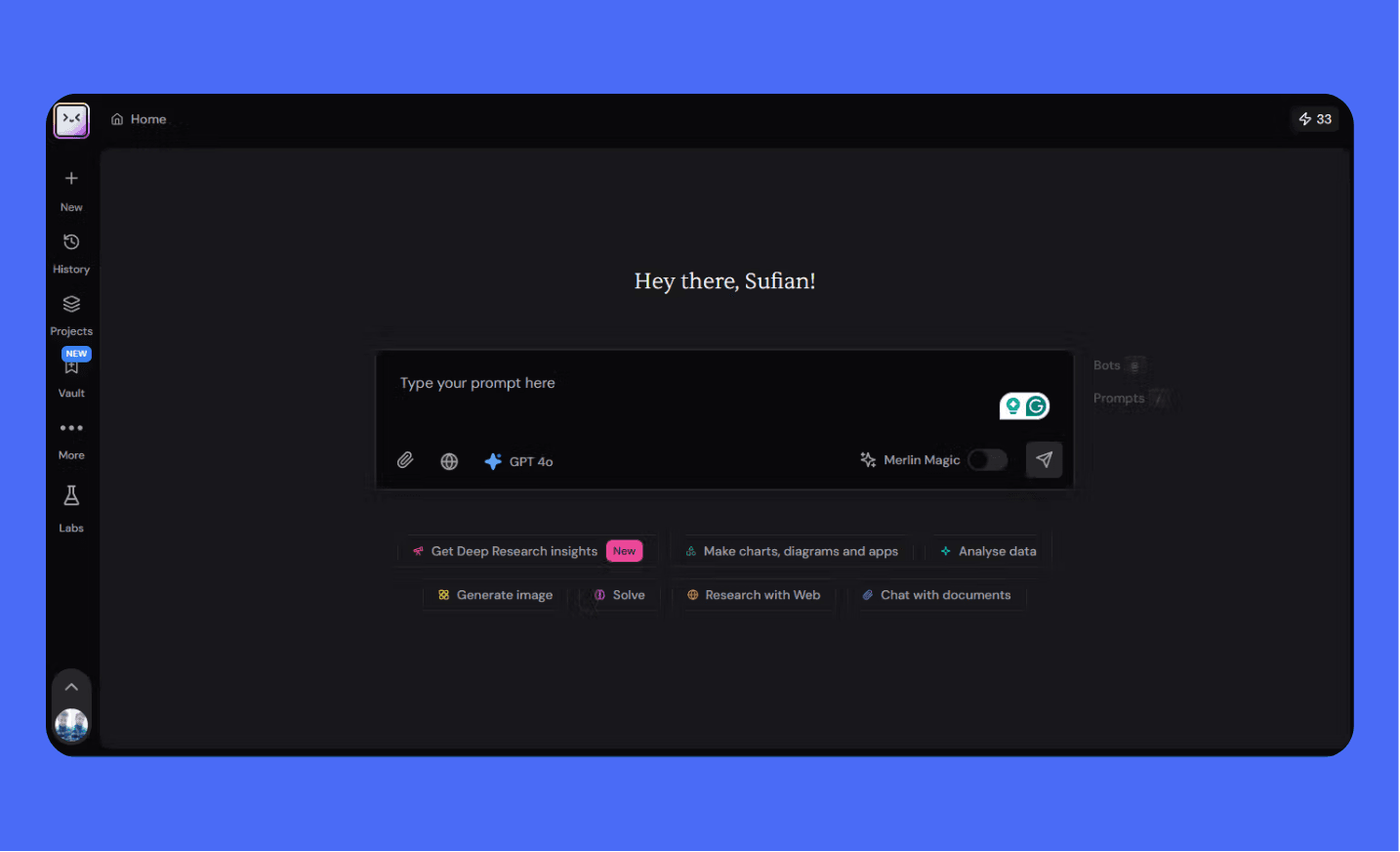 New Merlin AI interface with a prominent prompt input field and quick access buttons for research, charts, data analysis, image generation, solving, web research, and document chat.