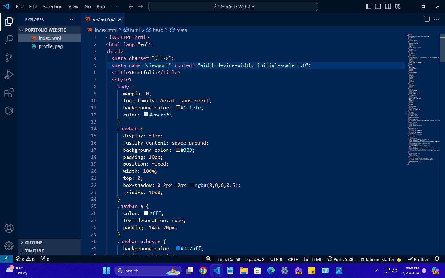 Screenshot of Visual Studio Code displaying HTML code for a portfolio website, with file explorer and outline panels visible, illustrating the coding environment for website development