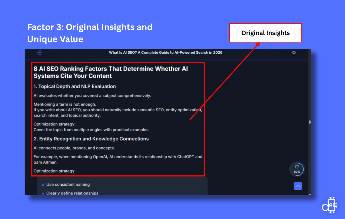 A screenshot titled "Factor 3: Original Insights and Unique Value" featuring a section of a guide on AI SEO ranking factors. A red callout box and arrow point to specific text, labeling it as "Original Insights." The visual highlights how AI systems differentiate between generic summaries and content that provides unique value through firsthand experience, personal research, and proprietary frameworks. This illustrates the competitive advantage of adding a human intelligence layer that AI models cannot independently replicate.