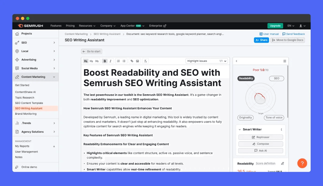 A screenshot of the Semrush SEO Writing Assistant (SWA) showing a real-time content audit. The dashboard displays an overall score of 8.9/10 with high marks across SEO, Readability, and Tone of Voice. The interface highlights "Recommended Keywords" like "AI content" and "search engine ranking," along with a "Smart Writer" panel for rephrasing and simplifying the introduction.