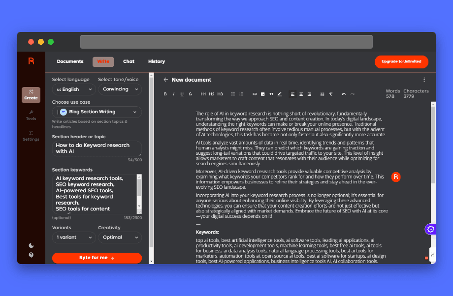 Screenshot of Rytr AI writing interface. Shows a document titled 'How to do Keyword research with AI' with AI-generated text about the role of AI in keyword research. Highlights options for selecting language, tone, and use case (Blog Section Writing). Includes fields for section header/topic, keywords, and variants. Interface includes navigation for Documents, Write, Chat, History, and Upgrade to Unlimited