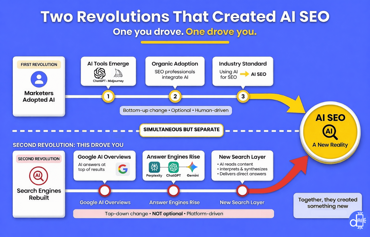 Infographic titled 'Two Revolutions That Created AI SEO: One you drove. One drove you.' The top path, labeled 'First Revolution,' shows a timeline of marketers adopting AI tools like ChatGPT and Midjourney, leading to organic industry integration and AI SEO becoming a standard. The bottom path, labeled 'Second Revolution,' shows search engines being rebuilt with Google AI Overviews, the rise of answer engines like Perplexity, ChatGPT, and Gemini, and the creation of a new search layer where AI synthesizes content. Both paths converge into a unified circle labeled 'AI SEO: A New Reality,' with a concluding note stating 'Together, they created something new.'