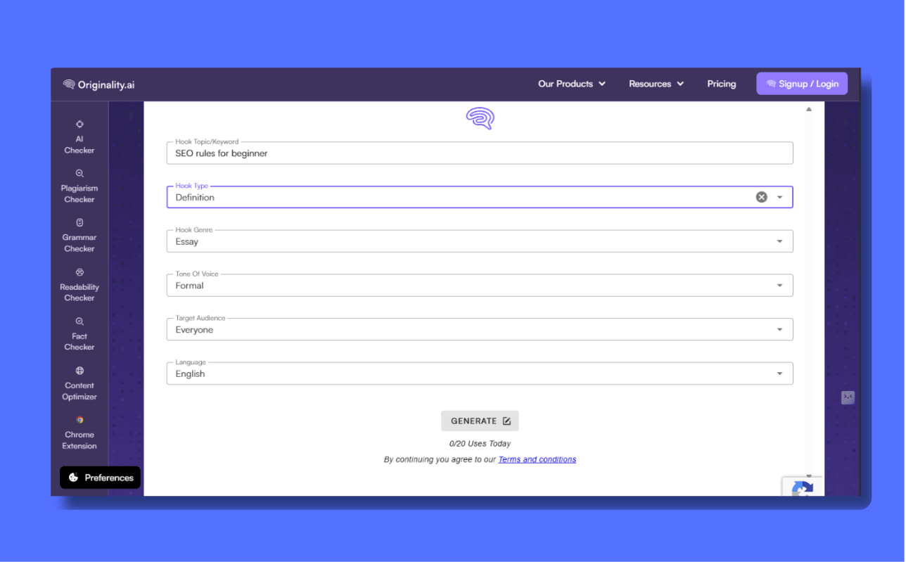 A screenshot of the Originality.ai Hook Generator dashboard. The interface shows detailed customization fields for "Hook Topic/Keyword" set to "SEO rules for beginner," "Hook Type" set to "Definition," and "Hook Genre" set to "Essay." Additional settings for a "Formal" tone and a target audience of "Everyone" are visible, highlighting the platform’s granular control over AI writing outputs.