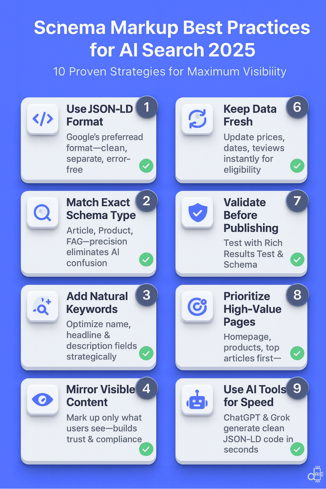 A professional infographic titled Schema Markup Best Practices for AI Search 2025 featuring ten proven strategies for maximum visibility on a blue background. The visual lists critical steps such as using JSON-LD format, matching exact schema types, and adding natural keywords to headline fields. It also emphasizes the importance of mirroring visible content, keeping data fresh, and validating code before publishing. The final tips highlight doing it with AI by using tools like ChatGPT and Grok to generate clean code in seconds, ensuring high-value pages are prioritized for AI search engine crawling.