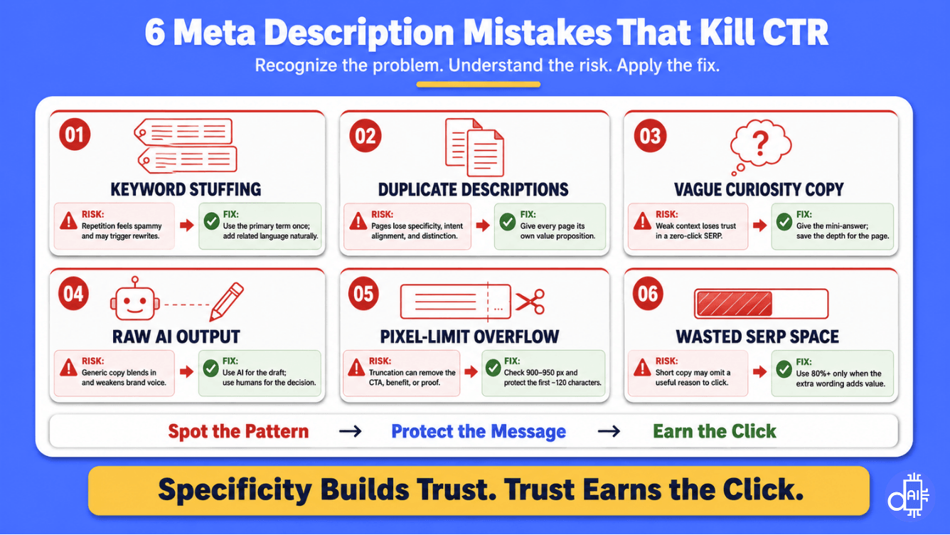 An infographic titled "6 Meta Description Mistakes That Kill CTR" displaying six common errors—such as keyword stuffing, duplicate descriptions, and pixel overflow—paired with their associated risks and actionable fixes.