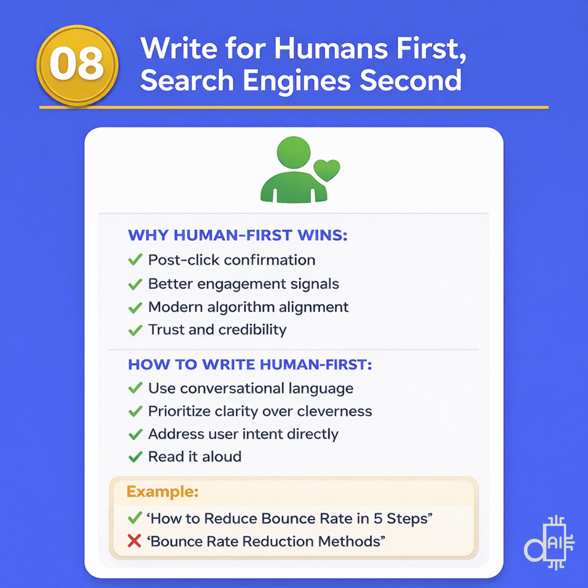 A professional infographic on a blue background titled Write for Humans First, Search Engines Second. The graphic features a green human icon with a heart and lists the specific benefits of this approach, such as improved engagement signals and better alignment with modern algorithms. It provides a "How To" section recommending conversational language and direct intent, while a comparative example at the bottom contrasts a natural, engaging title with a robotic, over-optimized version.