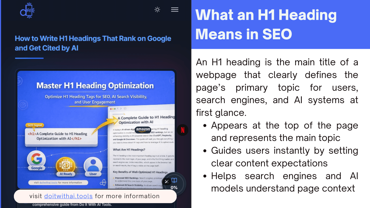 A professional educational graphic on a blue background titled What an H1 Heading Means in SEO. On the left, a mobile mockup shows a live webpage with the heading "How to Write H1 Headings That Rank on Google and Get Cited by AI". On the right, a bulleted list defines the H1 as the main title of a webpage that guides users instantly and helps AI models understand page context at a glance.