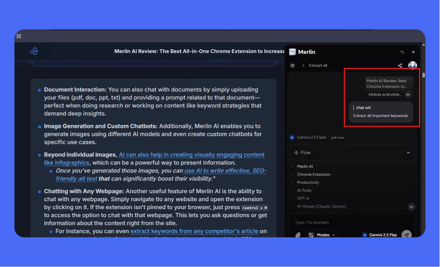Screenshot of the Merlin AI Chrome extension sidebar open on an article, demonstrating the "Chat with Webpage" feature being used to extract all important SEO keywords from the current page content.