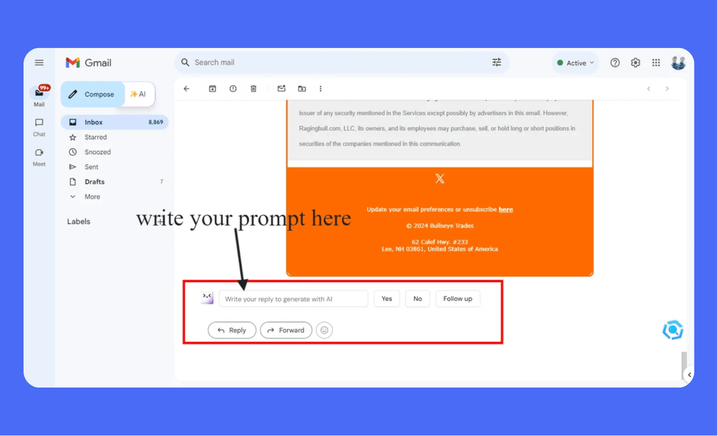 Screenshot of the Gmail interface showing the Merlin AI prompt bar integrated at the bottom of an email reply window. The text box says "write your prompt here," illustrating the one-click email writing and drafting assistance feature.