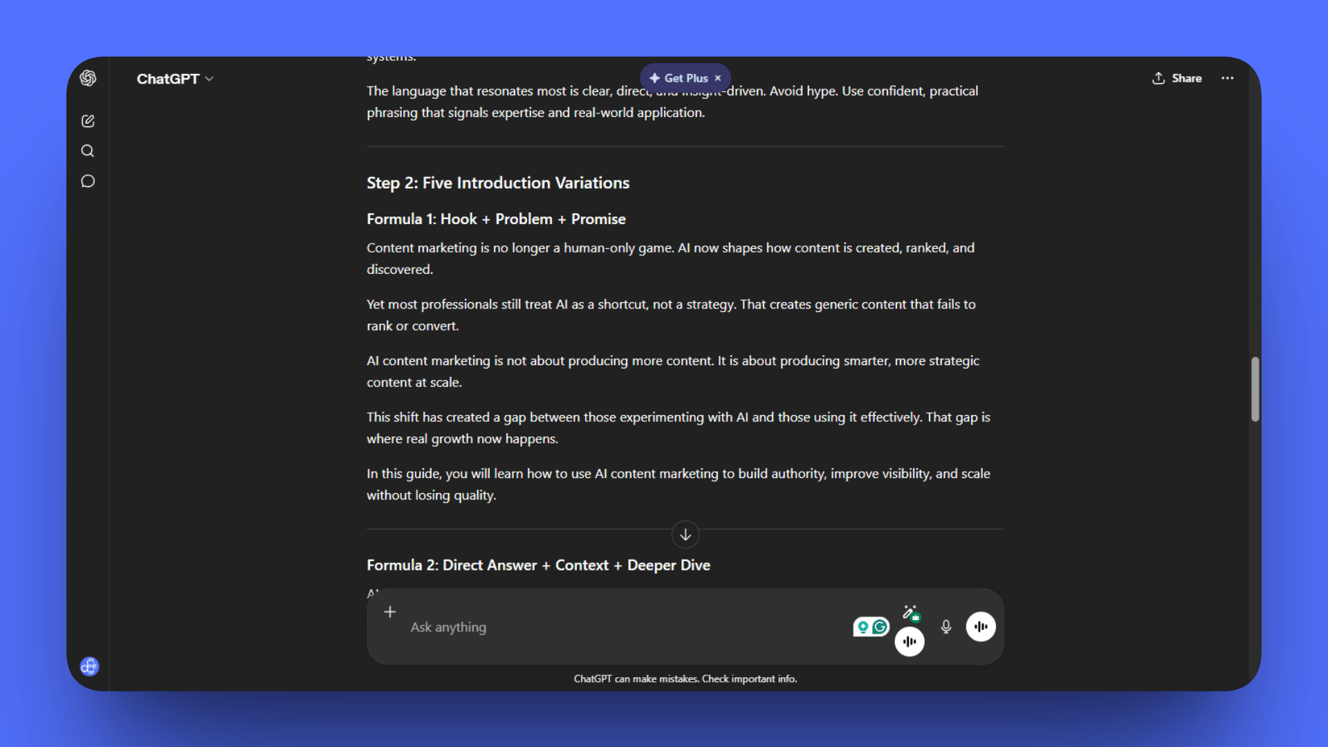 A ChatGPT window showing "Step 2: Five Introduction Variations." It displays a full draft for Formula 1 (Hook + Problem + Promise), focusing on how AI content marketing is no longer a human-only game and how to bridge the strategy gap.