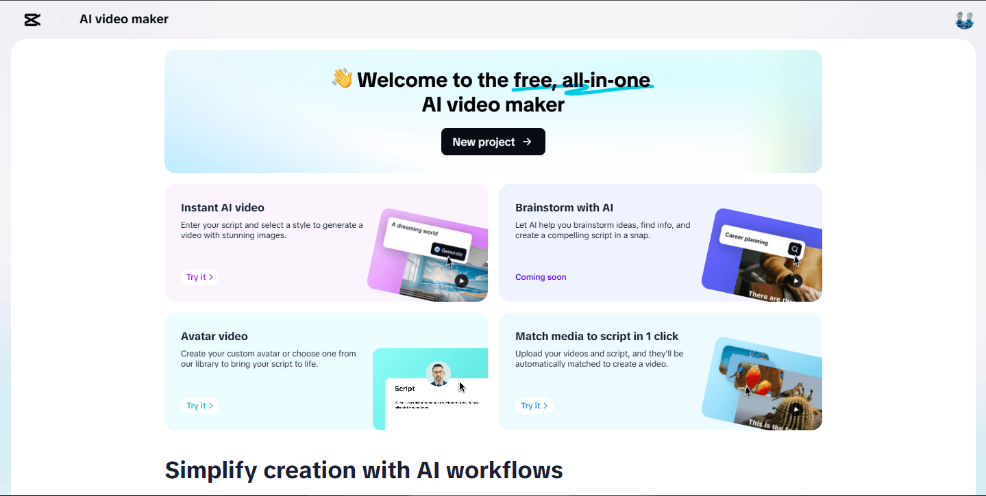 CapCut AI video maker interface showcasing options for 'Instant AI Video,' 'Brainstorm with AI,' 'Avatar Video,' and 'Match media to script in 1 click,' highlighting its all-in-one free AI video creation capabilities.