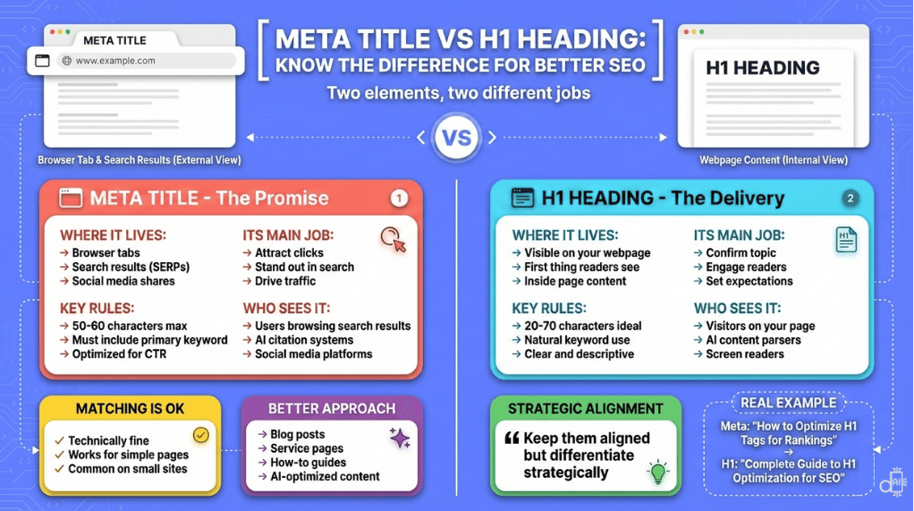 A comprehensive comparison infographic on a blue background titled Meta Title vs H1 Heading: Know the Difference for Better SEO. The visual features a split layout with the Meta Title on the left as "The Promise" (shown in a browser tab) and the H1 Heading on the right as "The Delivery" (shown on a webpage). Detailed cards for each element compare where they live, their main jobs, key rules for length and keywords, and who sees them—including specific mentions of AI citation systems and content parsers. A "Strategic Alignment" section at the bottom provides a real-world example of how to keep them aligned but differentiated.