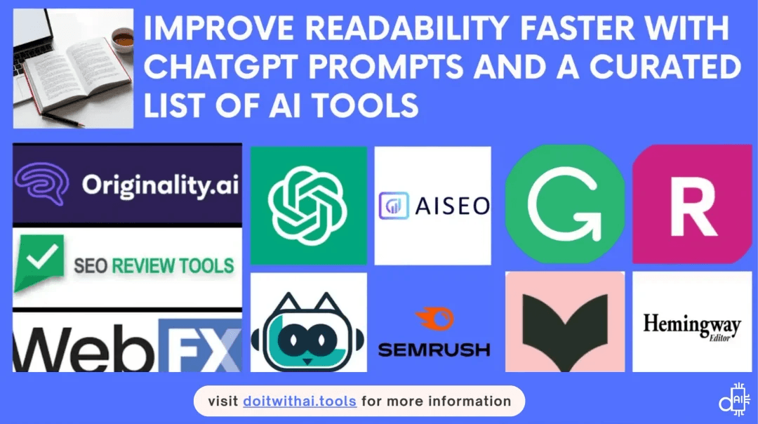 A collage of AI writing and SEO tools including ChatGPT, Grammarly, Originality.ai, and Hemingway Editor, with text overlaying a blue background that reads: "Improve readability faster with ChatGPT prompts and a curated list of AI tools."