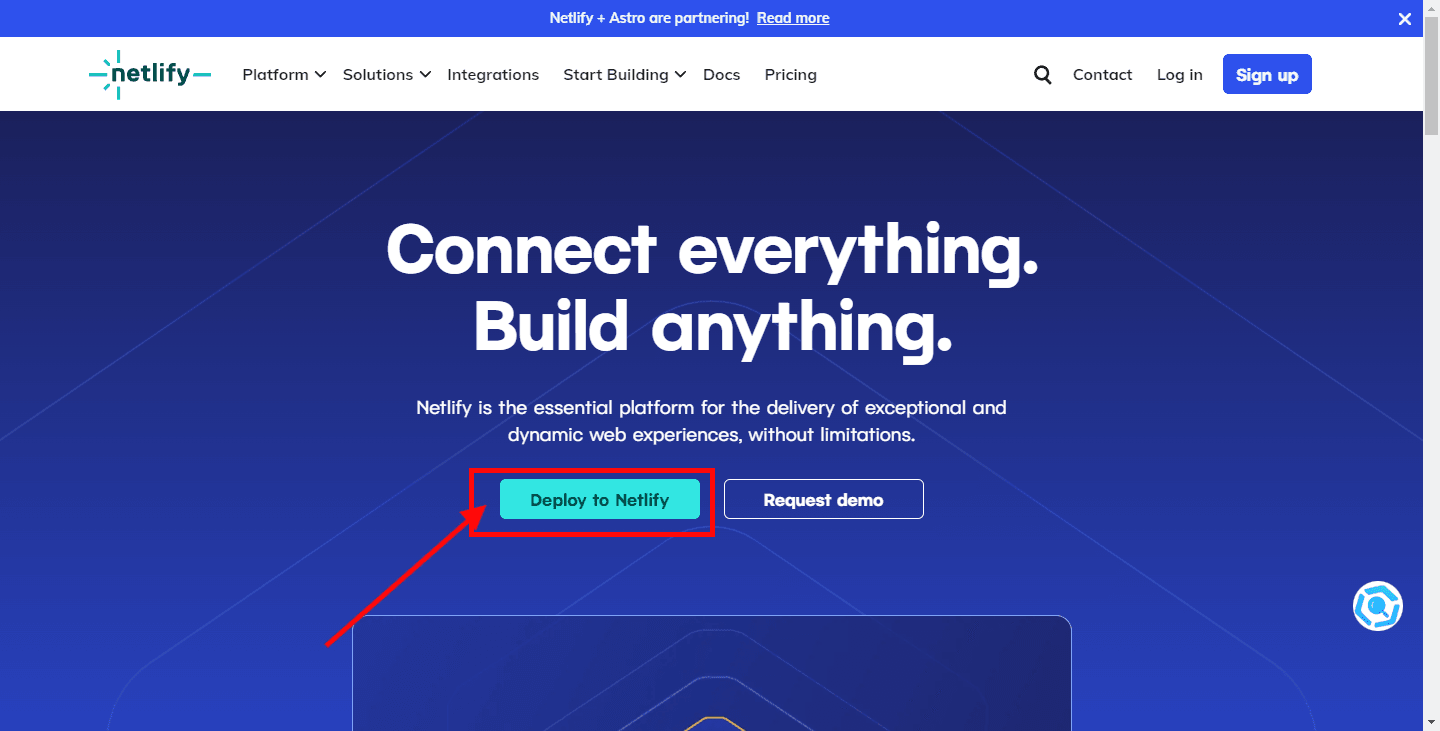 Screenshot of the Netlify homepage with a red arrow pointing to the 'Deploy to Netlify' button, illustrating the first step in publishing a website online using Netlify.