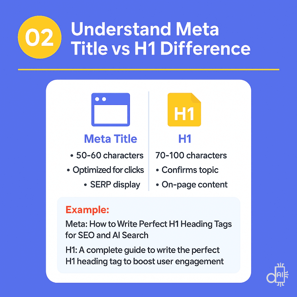 A blue-background infographic titled Understand Meta Title vs H1 Difference featuring a side-by-side comparison of technical specifications. The graphic shows that while a meta title is limited to 50–60 characters for SERP display and click optimization, an h1 title can expand to 70–100 characters to confirm the topic within on-page content. A real-world example at the bottom demonstrates how to align the two elements while using the h1 title to add a benefit-driven hook for user engagement.