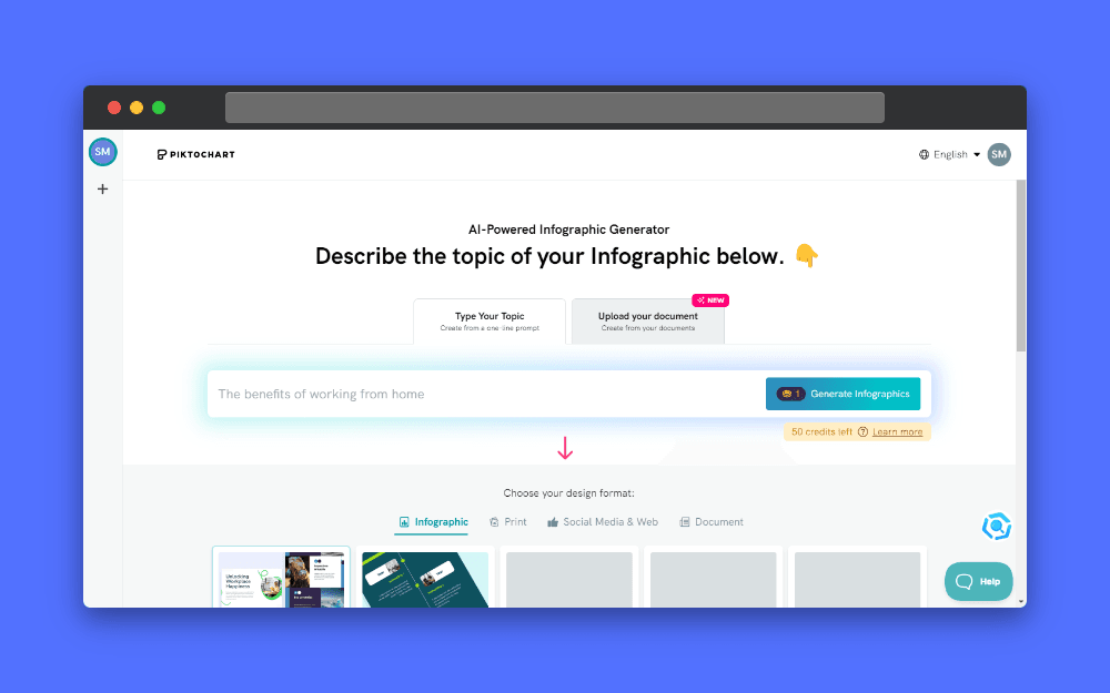 Screenshot of the Piktochart AI interface, showing the AI-powered infographic generator with input fields for topic description and document upload, highlighting its ability to generate infographics from user prompts.