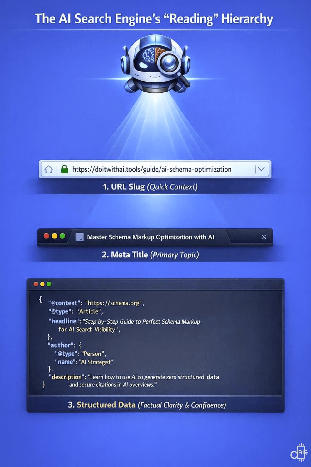 Illustration of an AI robot scanning a webpage hierarchy on a blue background, starting with a URL slug for quick context like https://doitwithai.tools/guide/ai-schema-optimization, followed by a meta title tab reading Master Schema Markup Optimization with AI for primary topic signals, and ending with a JSON-LD code snippet for structured data providing factual clarity and confidence in AI search engines, emphasizing how schema markup boosts SEO visibility and prevents content misinterpretation.