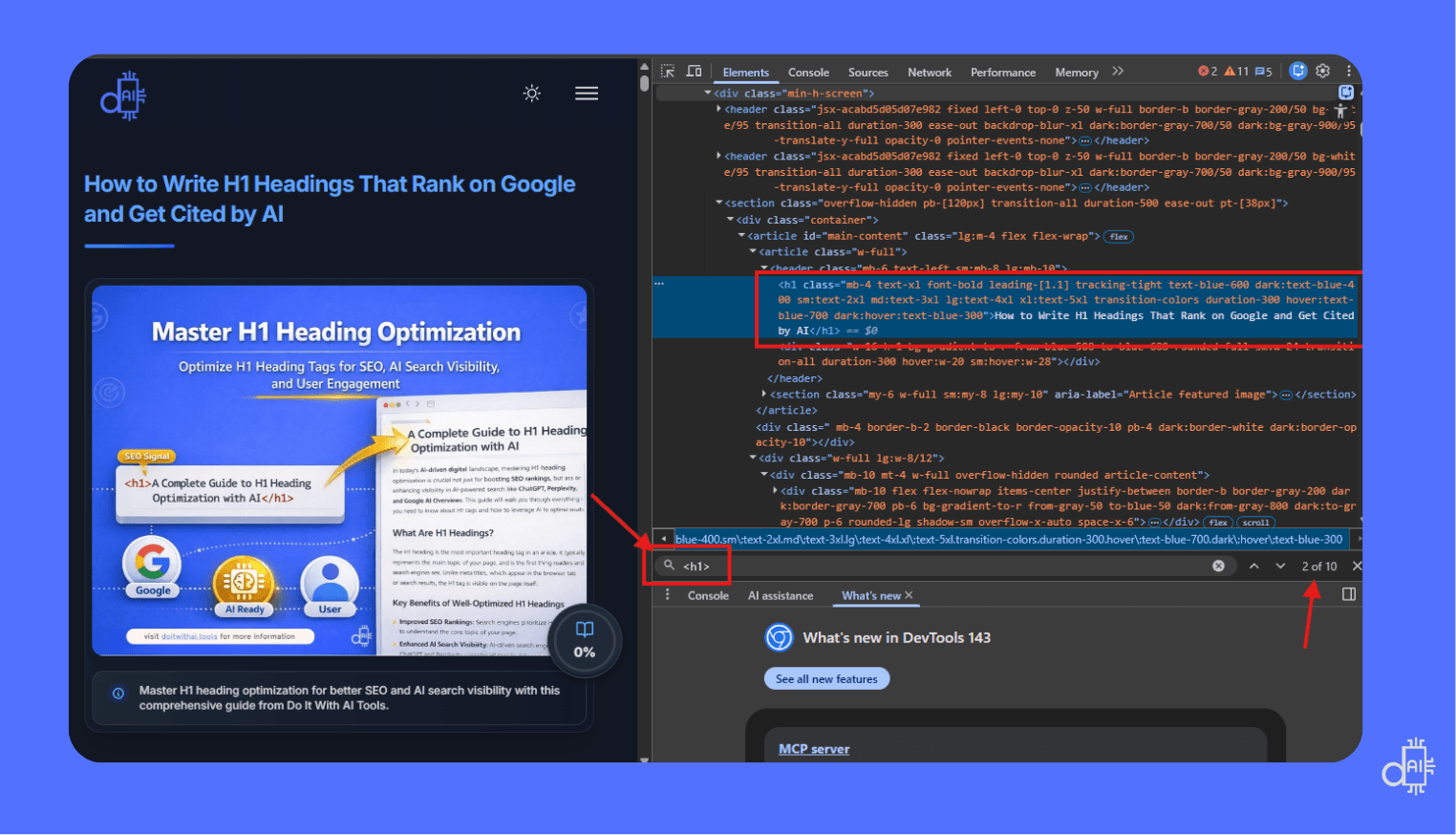 A professional technical screenshot on a blue background showing a split-screen view of a webpage and its underlying source code. On the left, a blog post titled "How to Write H1 Headings That Rank on Google and Get Cited by AI" is displayed. On the right, the Chrome DevTools "Elements" panel is open with a red box highlighting the exact <h1> tag in the HTML, while a search bar at the bottom confirms the presence of the tag through a manual "Ctrl+F" search.
