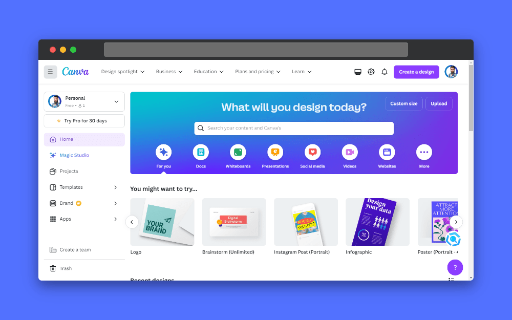 Screenshot of the Canva interface, showcasing a range of design options and templates, including infographics, highlighting its user-friendly platform for creating professional-quality visuals.