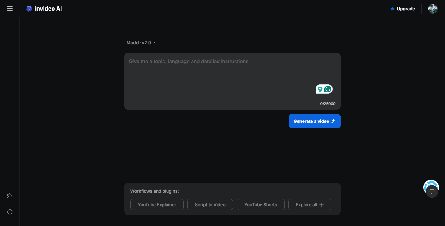 Screenshot of the InVideo AI interface, showing the input field for script creation and the workflow options.