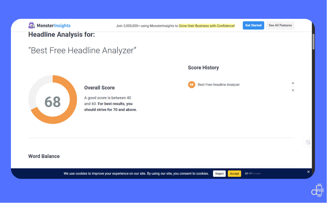 A professional screenshot on a #5271ff blue background showing the MonsterInsights Headline Analyzer interface within the WordPress post editor. The graphic features a circular "Headline Score" of 95, a "Word Balance" chart, and a checklist of "Improvement Suggestions". Key metrics like character count, sentiment, and headline type are clearly displayed alongside a SERP preview, illustrating a fully optimized h1 title ready for publication.