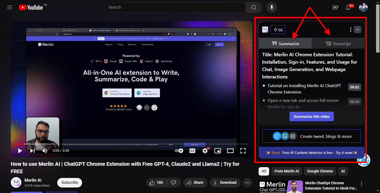 Screenshot of a YouTube video with the Merlin AI extension enabled, showing options to summarize the video or generate a transcript.