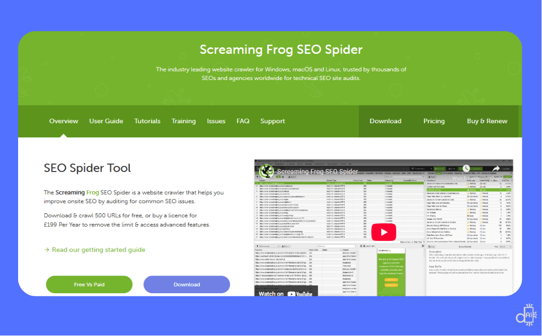 A high-fidelity screenshot of the Screaming Frog SEO Spider interface on a blue background, focused on the "H1" tab. The visual shows a detailed list of URLs with their corresponding headings, character lengths, and a sidebar for filtering issues like "Missing," "Duplicate," and "Over 70 characters". A prominent "Start" button at the top and the real-time crawl progress bar highlight the tool's powerful site-wide analysis capabilities for professional SEO audits.