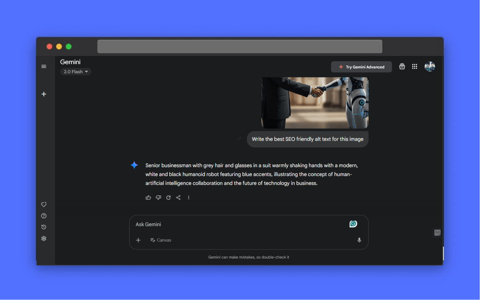 Screenshot of Gemini AI prompting the user to write SEO-friendly alt text for an image of businessman shaking hands with a robot.