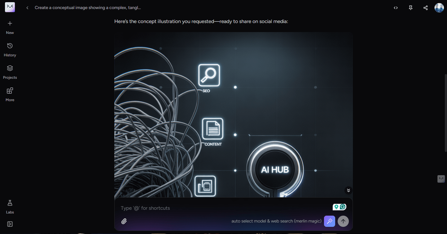 Screenshot of the Merlin AI Web App's image generation interface, powered by Flux 1.1 Pro. The image shows a detailed prompt for generating a high-quality visual, demonstrating the ability to create images for blog posts and social media content.