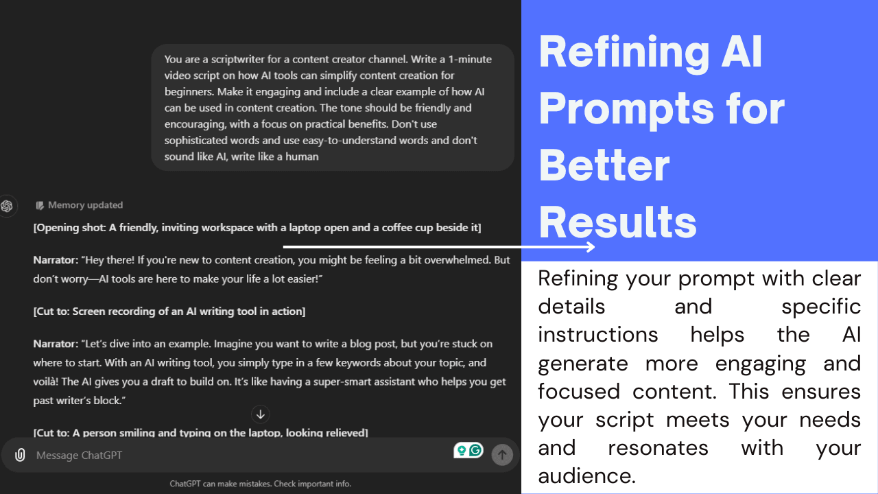 Split-screen graphic showing an example of a refined AI prompt on one side and an explanation of refining AI prompts for better results on the other.