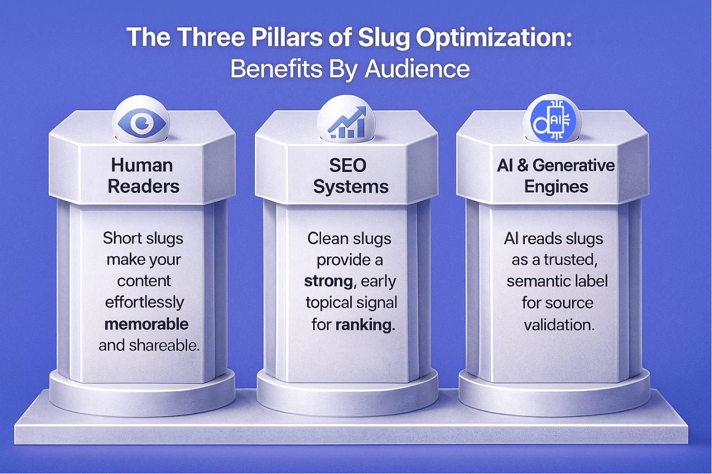 Infographic titled 'The Three Pillars of Slug Optimization: Benefits By Audience.' It features three 3D pillars on a blue background. Pillar 1, 'Human Readers,' states: 'Short slugs make your content effortlessly memorable and shareable.' Pillar 2, 'SEO Systems,' states: 'Clean slugs provide a strong, early topical signal for ranking.' Pillar 3, 'AI & Generative Engines,' states: 'AI reads slugs as a trusted, semantic label for source validation.' The visual emphasizes the equal importance of the slug across all three audiences.