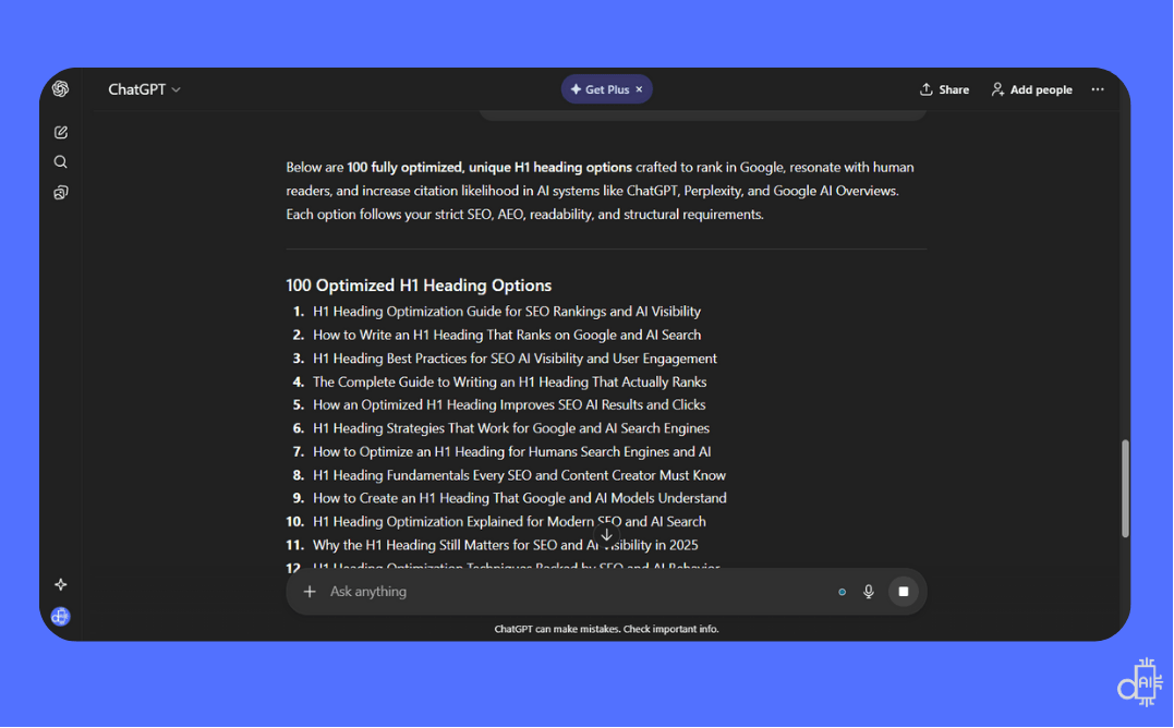 A high-fidelity screenshot of a ChatGPT interface on a blue background displaying a list of "100 Optimized H1 Heading Options." The visual shows a professional prompt response where the AI has generated specific, unique titles designed to rank in Google and increase citation likelihood in systems like Perplexity and Google AI Overviews. The interface features a clean, dark-mode layout with a blue border, emphasizing how modern AI tools can produce high-volume, quality-checked headings for any content strategy.